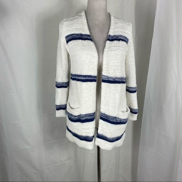 Style & Co White/Blue Striped Fleece Cardigan - Picture 1 of 6